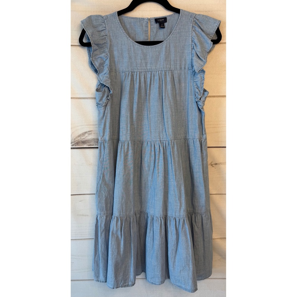 J.Crew Blue Chambray Ruffle Tiered Cotton Mini Dress Size 4 Sleeveless Summer